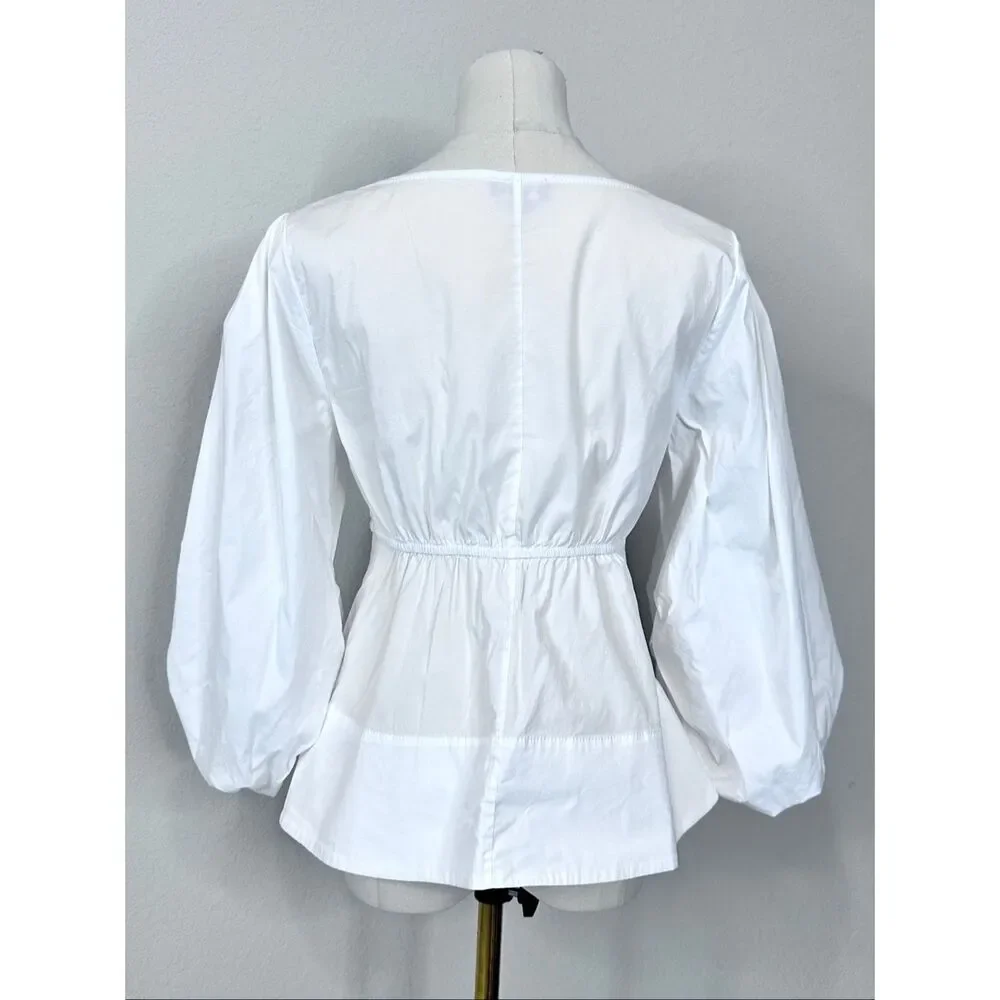 STAUD Sophie Blouse M White Square Neck Babydoll Peplum Puff Sleeve Top